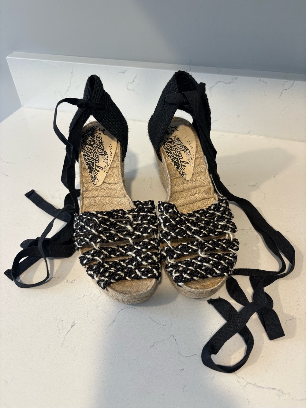 Black Woven Free People Espadrille Wedge Sandals with Ankle Tie